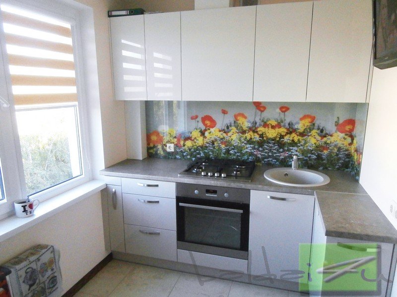 virtuve su stiklo sienele, maza virtuve